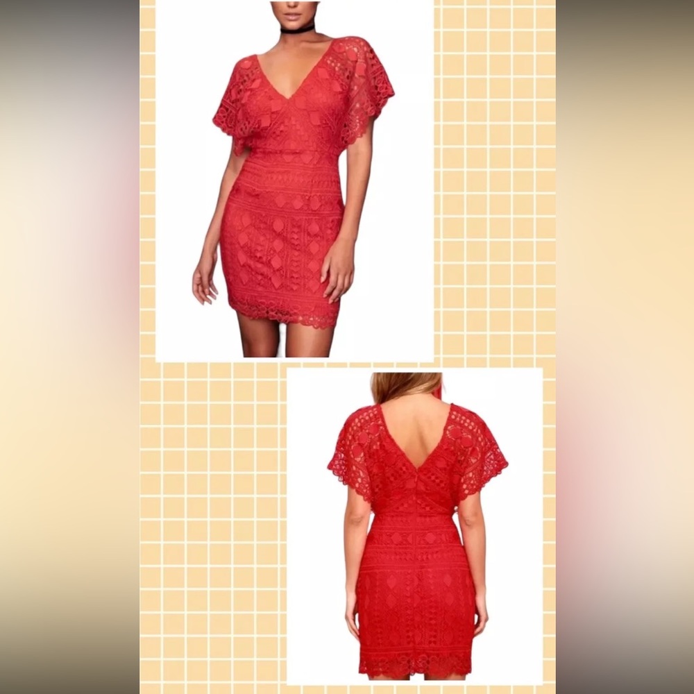 NWT Lulu’s First Kiss Red Crochet Overlay Bodycon Dress Size S V-neck
